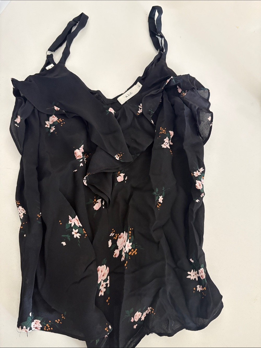 A.L.C. Ari Black Floral Ruffle-Front Camisole with Pink Blossoms
